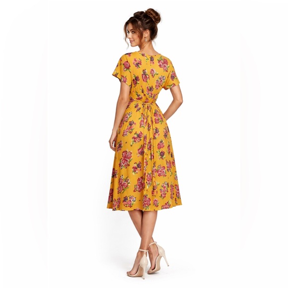 MATILDA JANE Yellow Red Floral Wrap Midi Dress Size XL - Picture 4 of 15